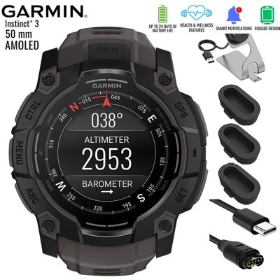 Garmin - Instinct 3 - 50 mm GPS Smartwatch AMOLED Black with Charging Dock Bundle - Black with Charcoal Band - (2025) Garmin - Instinct 3 - 50 mm GPS Smartwatch AMOLED Black with Charging Dock Bundle - Black with Charcoal Band - (2025)