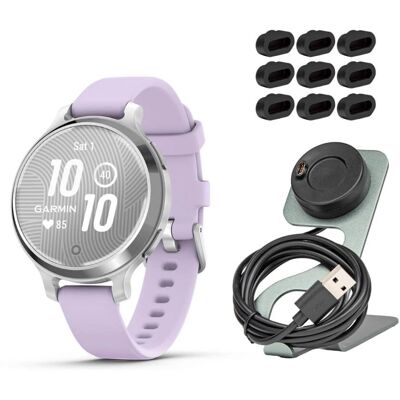 Garmin - Lily 2 Active GPS Smartwatch (Silver/ Purple Jasmine) Bundle with Charger Stand and Port Plugs - Black - (2025) Garmin - Lily 2 Active GPS Smartwatch (Silver/ Purple Jasmine) Bundle with Charger Stand and Port Plugs - Black - (2025)