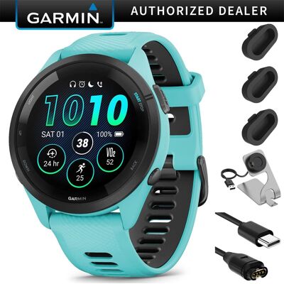 Garmin - Forerunner 265 GPS Smartwatch, Aqua/Black + Charging Dock + Dust Cover Bundle - Black/Aqua - (2023) Garmin - Forerunner 265 GPS Smartwatch, Aqua/Black + Charging Dock + Dust Cover Bundle - Black/Aqua - (2023)