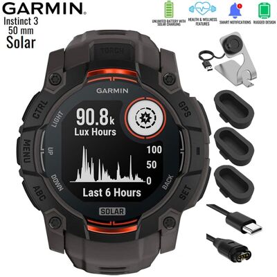 Garmin - Instinct 3 - 50 mm GPS Smartwatch SOLAR Black with Charging Dock Bundle - Black with Charcoal Band - (2025) Garmin - Instinct 3 - 50 mm GPS Smartwatch SOLAR Black with Charging Dock Bundle - Black with Charcoal Band - (2025)