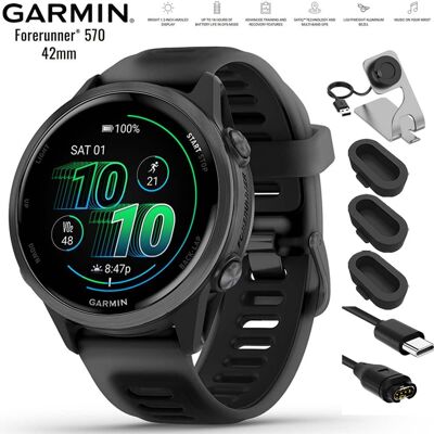 Garmin - Forerunner 570 - 42mm GPS Smartwatch Black Band with Charging Dock Bundle - Slate Gray Aluminum - (2025) Garmin - Forerunner 570 - 42mm GPS Smartwatch Black Band with Charging Dock Bundle - Slate Gray Aluminum - (2025)