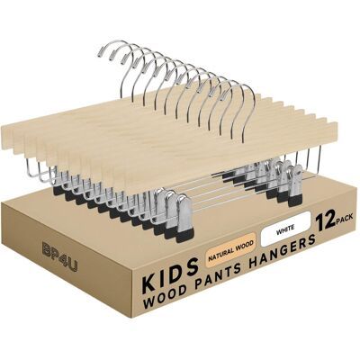 BP4U - 12-Pack Kids Wooden Pants Hangers, Baby, Toddler's Wood Skirts Hangers with Clips for Slacks, Socks, Towels(Natural) - Natural Wood BP4U - 12-Pack Kids Wooden Pants Hangers, Baby, Toddler's Wood Skirts Hangers with Clips for Slacks, Socks, Towels(Natural) - Natural Wood