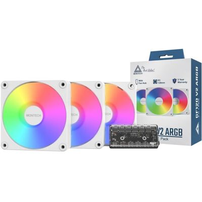 Montech - GF120 V2 ARGB GF120V2W3in1 120mm Case Fan - Sleek & Minimalist Design, High Airflow, 3 in 1 Pack with 6X6 Fan Hub - White Montech - GF120 V2 ARGB GF120V2W3in1 120mm Case Fan - Sleek & Minimalist Design, High Airflow, 3 in 1 Pack with 6X6 Fan Hub - White