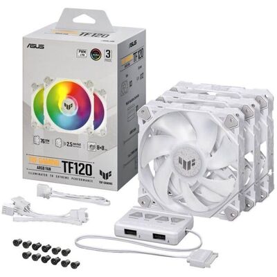 Asus - TUF GAMING TF120 ARGB Fan - 3-Pin, Fluid Bearing, PWM, Anti-vibration, Dual LED - White Asus - TUF GAMING TF120 ARGB Fan - 3-Pin, Fluid Bearing, PWM, Anti-vibration, Dual LED - White