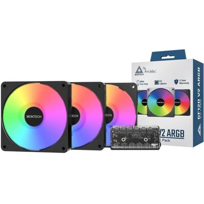 Montech - GF120 V2 ARGB GF120V2B3in1 120mm Case Fan - Sleek & Minimalist Design, High Airflow, 3 in 1 Pack with 6X6 Fan Hub - Black Montech - GF120 V2 ARGB GF120V2B3in1 120mm Case Fan - Sleek & Minimalist Design, High Airflow, 3 in 1 Pack with 6X6 Fan Hub - Black