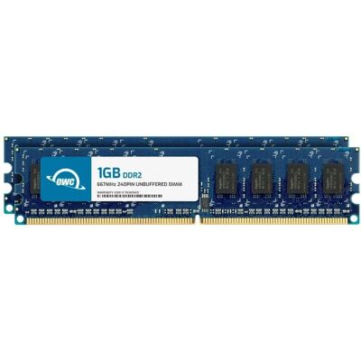 OWC - 2GB (2x1GB) DDR2 667 PC2-5300 CL5 1Rx8 240-pin 1.8V Non-ECC UDIMM Memory RAM Module Upgrade Kit for Select Desktops - Black Chips OWC - 2GB (2x1GB) DDR2 667 PC2-5300 CL5 1Rx8 240-pin 1.8V Non-ECC UDIMM Memory RAM Module Upgrade Kit for Select Desktops - Black Chips