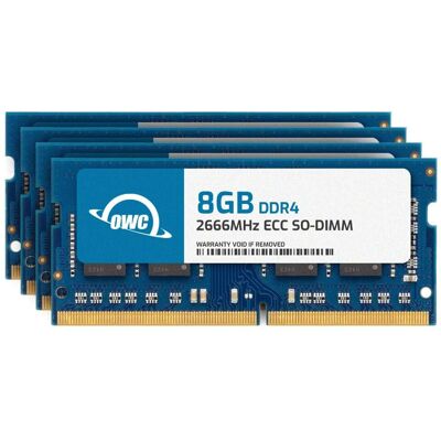 OWC - 32GB (4x8GB) DDR4 2666MHz PC4-21300 CL19 1RX8 ECC Unbuffered SODIMM 1.2V 260-pin Memory RAM - Black Chips OWC - 32GB (4x8GB) DDR4 2666MHz PC4-21300 CL19 1RX8 ECC Unbuffered SODIMM 1.2V 260-pin Memory RAM - Black Chips