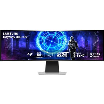 Samsung - 49" Odyssey OLED G9 Curved Dual-QHD 240Hz FreeSync Prem Pro and G-Sync Compatible Smart Glare Free Gaming Monitor - Silver Samsung - 49" Odyssey OLED G9 Curved Dual-QHD 240Hz FreeSync Prem Pro and G-Sync Compatible Smart Glare Free Gaming Monitor - Silver