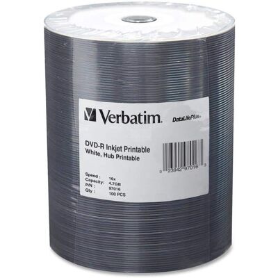 Verbatim - 4.7GB 16X DVD-R Inkjet Printable 100 Packs Spindle Media Model 97016 Verbatim - 4.7GB 16X DVD-R Inkjet Printable 100 Packs Spindle Media Model 97016