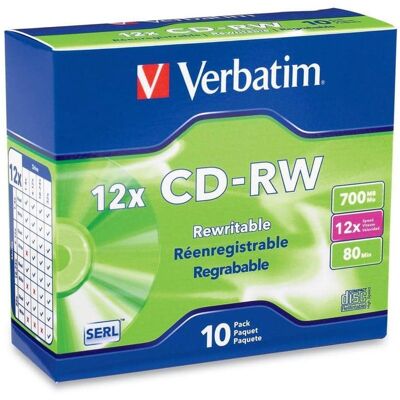 Verbatim - 700MB 12X CD-RW 10 Packs Slim Jewel Case Disc Model 95156 - Silver Verbatim - 700MB 12X CD-RW 10 Packs Slim Jewel Case Disc Model 95156 - Silver