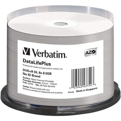 Verbatim - DataLifePlus 43754 DVD Recordable Media - DVD+R DL - 8x - 8.50 GB - 50 Pack Spindle Verbatim - DataLifePlus 43754 DVD Recordable Media - DVD+R DL - 8x - 8.50 GB - 50 Pack Spindle