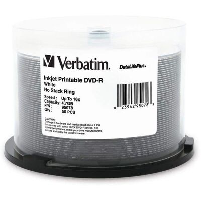 Verbatim - 4.7GB 16X DVD-R White Inkjet Printable 50 Packs Spindle DataLifePlus Discs Model 95078 Verbatim - 4.7GB 16X DVD-R White Inkjet Printable 50 Packs Spindle DataLifePlus Discs Model 95078