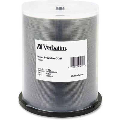 Verbatim - 700MB 52X CD-R Inkjet Printable 100 Packs Spindle Media Model 95256 - Silver Verbatim - 700MB 52X CD-R Inkjet Printable 100 Packs Spindle Media Model 95256 - Silver
