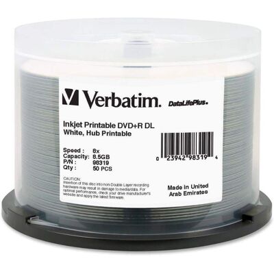 Verbatim - DVD+R DL 8.5GB 8X DataLifePlus Hub InkJet Printable 50 Pack Spindle - White Verbatim - DVD+R DL 8.5GB 8X DataLifePlus Hub InkJet Printable 50 Pack Spindle - White
