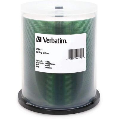 Verbatim - CD-R 700MB 52X Shiny Silver Silk Screen Printable - 100pk Spindle Verbatim - CD-R 700MB 52X Shiny Silver Silk Screen Printable - 100pk Spindle