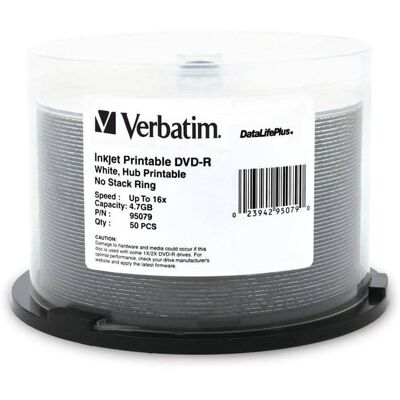 Verbatim - 4.7GB 16X DVD-R Inkjet Printable, Hub Printable 50 Packs Spindle Disc Model 95079 - White Verbatim - 4.7GB 16X DVD-R Inkjet Printable, Hub Printable 50 Packs Spindle Disc Model 95079 - White