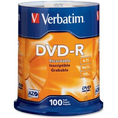 Verbatim - 4.7 GB 16X DVD-R 100 Packs Spindle Disc Model 95102 - Silver Verbatim - 4.7 GB 16X DVD-R 100 Packs Spindle Disc Model 95102 - Silver