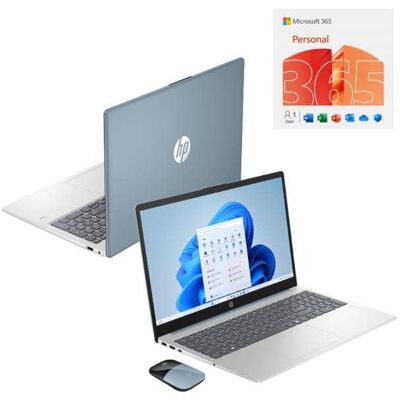 15.6" HD AI Laptop with Copilot Intel N100 4GB RAM 128GB UFS HP Wireless Mouse +1 Year Microsoft 365 - Moonlight Blue 15.6" HD AI Laptop with Copilot Intel N100 4GB RAM 128GB UFS HP Wireless Mouse +1 Year Microsoft 365 - Moonlight Blue