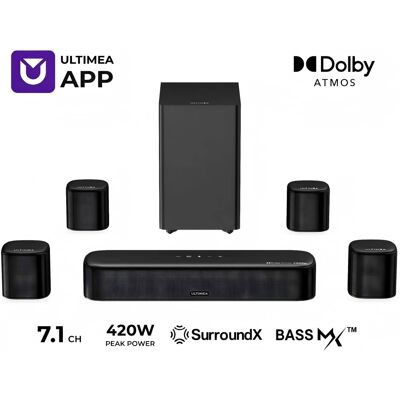 Ultimea - Aura S5T 7.1ch Dolby Atmos Soundbar, 420W Surround Sound System with Subwoofer, 4 Speakers, HDMI eARC & App - Black Ultimea - Aura S5T 7.1ch Dolby Atmos Soundbar, 420W Surround Sound System with Subwoofer, 4 Speakers, HDMI eARC & App - Black