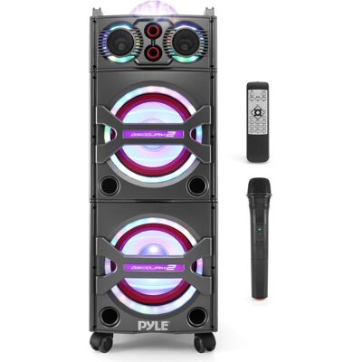 Pyle - Portable Bluetooth PA Speaker, 2000W, Dual 8” Subwoofer, Party Lights, USB/SD Reader, Wheels - PSUFM1043BT Pyle - Portable Bluetooth PA Speaker, 2000W, Dual 8” Subwoofer, Party Lights, USB/SD Reader, Wheels - PSUFM1043BT