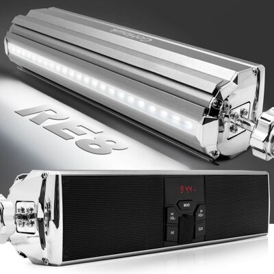 GoHawk - Bluetooth Motorcycle Speakers, Waterproof Soundbar Stereo Audio Stereo System w/ LED, FM Radio, USB Music for ATV, RE8 - Silver GoHawk - Bluetooth Motorcycle Speakers, Waterproof Soundbar Stereo Audio Stereo System w/ LED, FM Radio, USB Music for ATV, RE8 - Silver