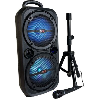 QFX - 2 x 8" BT Recharge Speaker with Microphone & Stand - Black QFX - 2 x 8" BT Recharge Speaker with Microphone & Stand - Black