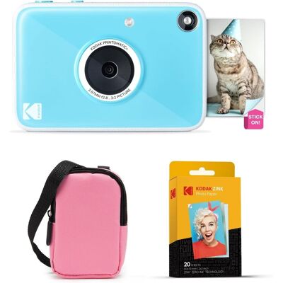 Kodak - Printomatic+ Instant Camera Bundle 10MP w/ Pink Case & 20 Zink Paper - Blue Kodak - Printomatic+ Instant Camera Bundle 10MP w/ Pink Case & 20 Zink Paper - Blue