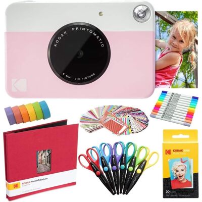 Kodak - Printomatic Instant Print Camera, Photo Paper (20 Sheets) & Accessories Art Bundle - Pink Kodak - Printomatic Instant Print Camera, Photo Paper (20 Sheets) & Accessories Art Bundle - Pink