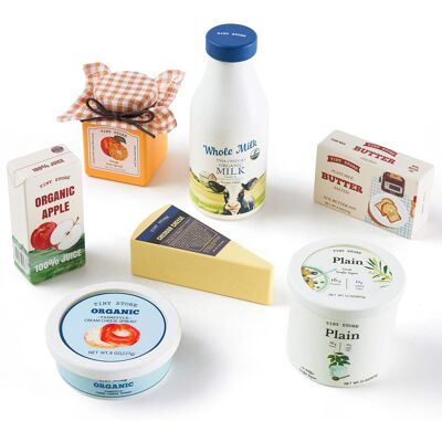 Tiny Land - Wooden Dairy & Drinks Pretend Food Set, 7-Piece Play Kitchen Accessories with Milk, Juice & Cheese Tiny Land - Wooden Dairy & Drinks Pretend Food Set, 7-Piece Play Kitchen Accessories with Milk, Juice & Cheese