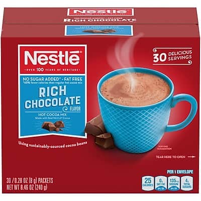 Nestle - No Sugar Added Rich Chocolate Hot Cocoa, 0.28 oz, 30/Box Nestle - No Sugar Added Rich Chocolate Hot Cocoa, 0.28 oz, 30/Box