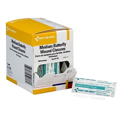 First Aid Only - .38" x 1.75" Medium Butterfly Wound Closures Bandages, 100/Box (G135) - White First Aid Only - .38" x 1.75" Medium Butterfly Wound Closures Bandages, 100/Box (G135) - White