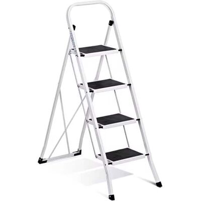 FED Fitness - 4 Step Ladder, Folding Step Stool with Extra Wide Anti-Slip Pedal, 350lbs Lightweight Portable Sturdy Steel Ladders - White FED Fitness - 4 Step Ladder, Folding Step Stool with Extra Wide Anti-Slip Pedal, 350lbs Lightweight Portable Sturdy Steel Ladders - White