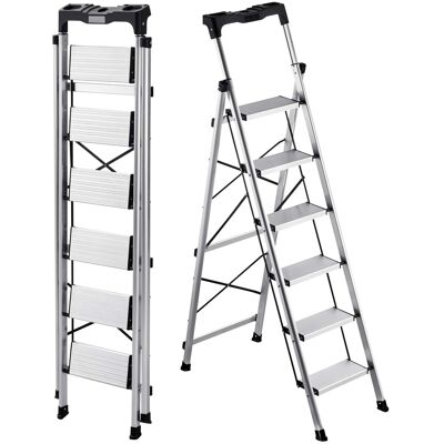 VEVOR - 6 Step Ladder, Folding Step Stool with Wide Anti-Slip Pedal and Comfort Handgrip, 330 lbs Capacity Portable Aluminum - Silver VEVOR - 6 Step Ladder, Folding Step Stool with Wide Anti-Slip Pedal and Comfort Handgrip, 330 lbs Capacity Portable Aluminum - Silver