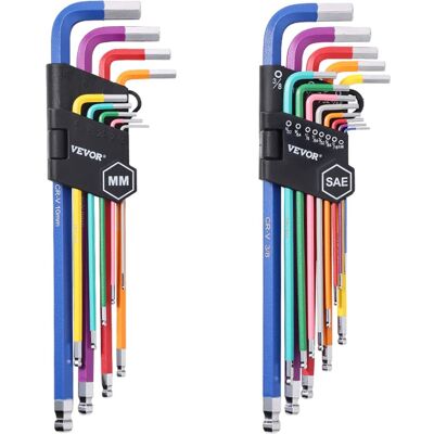 VEVOR - Hex Key Allen Wrench Set,22 pcs SAE (0.050-3/8 in) and Metric (1.5-10mm),Color Coding Allen Wrenches Sets with Ball End - Multicolor VEVOR - Hex Key Allen Wrench Set,22 pcs SAE (0.050-3/8 in) and Metric (1.5-10mm),Color Coding Allen Wrenches Sets with Ball End - Multicolor
