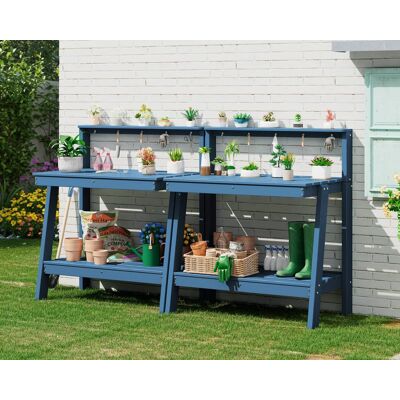 SERWALL - 3-Tier HDPE Heavy Outdoor Potting Table Set of 2, Workbench with Storage and Angled Legs & Tool Hooks, All Weather - Blue SERWALL - 3-Tier HDPE Heavy Outdoor Potting Table Set of 2, Workbench with Storage and Angled Legs & Tool Hooks, All Weather - Blue
