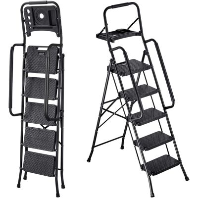 VEVOR - 5 Step Ladder, Folding Step Stool with Wide Anti-Slip Pedal, Tool Tray, Dual Side Handrails, 600 lbs Capacity - Black VEVOR - 5 Step Ladder, Folding Step Stool with Wide Anti-Slip Pedal, Tool Tray, Dual Side Handrails, 600 lbs Capacity - Black