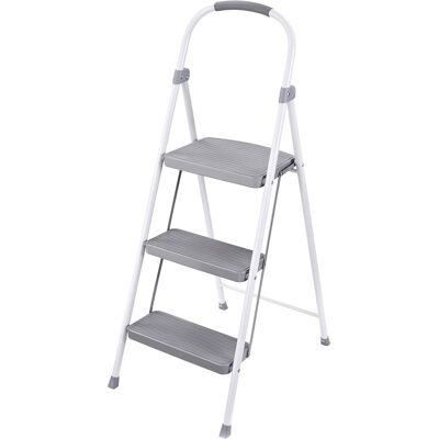 RubberMaid - 3 Step Folding Ladder, Steel Foldable Step Stool w/ Hand Grip - White RubberMaid - 3 Step Folding Ladder, Steel Foldable Step Stool w/ Hand Grip - White