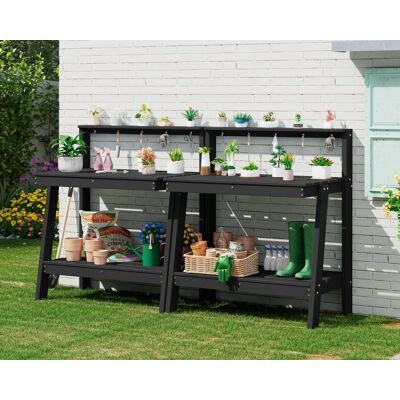 SERWALL - 3-Tier HDPE Heavy Outdoor Potting Table Set of 2, Workbench with Storage and Angled Legs & Tool Hooks, All Weather - Black SERWALL - 3-Tier HDPE Heavy Outdoor Potting Table Set of 2, Workbench with Storage and Angled Legs & Tool Hooks, All Weather - Black