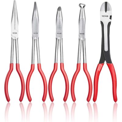 VEVOR - 5-Piece Needle Nose Pliers, 11 in Long Needle Nose Pliers Set, Diagonal Cutting Pliers, 45°/ 90° Bent Nose Plier - Red VEVOR - 5-Piece Needle Nose Pliers, 11 in Long Needle Nose Pliers Set, Diagonal Cutting Pliers, 45°/ 90° Bent Nose Plier - Red