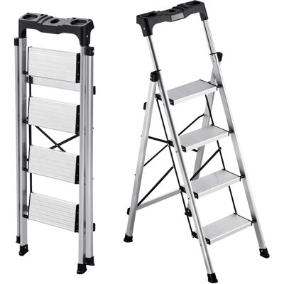VEVOR - 4 Step Ladder, Folding Step Stool with Wide Anti-Slip Pedal and Comfort Handgrip, 330 lbs Capacity Portable Aluminum - Silver VEVOR - 4 Step Ladder, Folding Step Stool with Wide Anti-Slip Pedal and Comfort Handgrip, 330 lbs Capacity Portable Aluminum - Silver