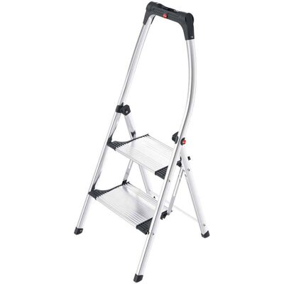 Hailo - Folding Step Stool, 2 Step Ladder w/Tray for Home & Kitchen, K100, Silver - Metal & Black Hailo - Folding Step Stool, 2 Step Ladder w/Tray for Home & Kitchen, K100, Silver - Metal & Black
