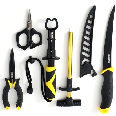 Beyond Braid - Beyond Fishing 5-Piece Fishing Tool Kit - Pliers, Fillet Knife, Hook Remover, Lip Gripper, Braid Scissors - Black Beyond Braid - Beyond Fishing 5-Piece Fishing Tool Kit - Pliers, Fillet Knife, Hook Remover, Lip Gripper, Braid Scissors - Black