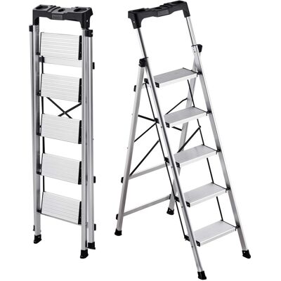 VEVOR - 5 Step Ladder, Folding Step Stool with Wide Anti-Slip Pedal and Comfort Handgrip, 330 lbs Capacity Portable Aluminum - Silver VEVOR - 5 Step Ladder, Folding Step Stool with Wide Anti-Slip Pedal and Comfort Handgrip, 330 lbs Capacity Portable Aluminum - Silver