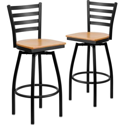 Emma + Oliver - 2 Pack Ladder Back Swivel Metal Barstool - Natural Wood Seat/Black Metal Frame Emma + Oliver - 2 Pack Ladder Back Swivel Metal Barstool - Natural Wood Seat/Black Metal Frame