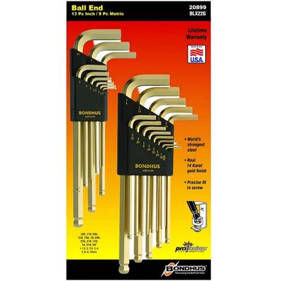 Bondhus - Set 22 GoldGuard Ball End L-Wrenches IN/MM Double Pack - 37937 (.050-3/8") + 38099 (1.5-10mm) - Gold Bondhus - Set 22 GoldGuard Ball End L-Wrenches IN/MM Double Pack - 37937 (.050-3/8") + 38099 (1.5-10mm) - Gold