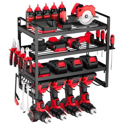 VEVOR - Power Tool Organizer Wall Mount, 4-Layer Storage Rack with 4 Drill Holders, Tools Holder and Storage Rack - Black VEVOR - Power Tool Organizer Wall Mount, 4-Layer Storage Rack with 4 Drill Holders, Tools Holder and Storage Rack - Black