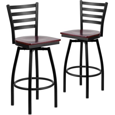 Emma + Oliver - 2 Pack Ladder Back Swivel Metal Barstool - Mahogany Wood Seat/Black Metal Frame Emma + Oliver - 2 Pack Ladder Back Swivel Metal Barstool - Mahogany Wood Seat/Black Metal Frame