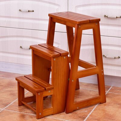 Costway - Wood Step Stool Folding 3 Tier Ladder Chair Bench Seat Utility Multi-functional - Brown Costway - Wood Step Stool Folding 3 Tier Ladder Chair Bench Seat Utility Multi-functional - Brown