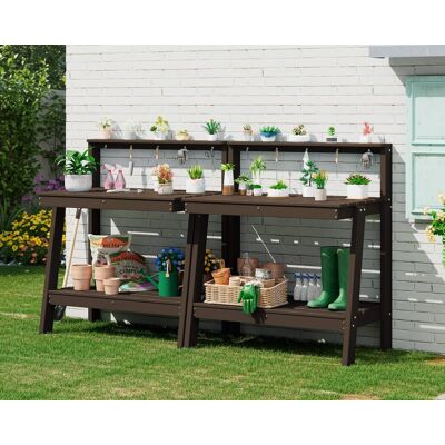 SERWALL - 3-Tier HDPE Heavy Outdoor Potting Table Set of 2, Workbench with Storage and Angled Legs & Tool Hooks, All Weather - Coffee SERWALL - 3-Tier HDPE Heavy Outdoor Potting Table Set of 2, Workbench with Storage and Angled Legs & Tool Hooks, All Weather - Coffee