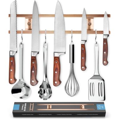 Zulay Kitchen - (12 Inch) Stainless Steel Magnetic Wall Mount Knife Holder with Extra Hanging Hooks - Copper Zulay Kitchen - (12 Inch) Stainless Steel Magnetic Wall Mount Knife Holder with Extra Hanging Hooks - Copper